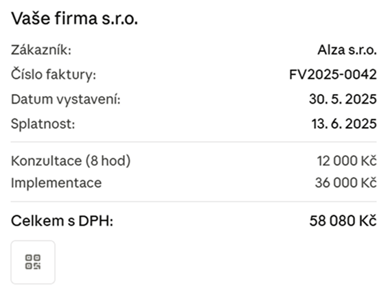 Vygenerovaná faktura s vyplněnými daty