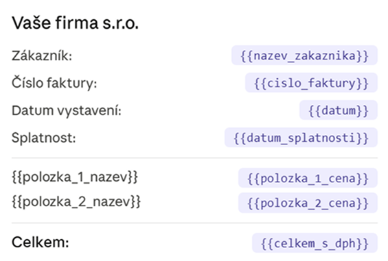 Ukázka automaticky vyplněné faktury v Apexloop